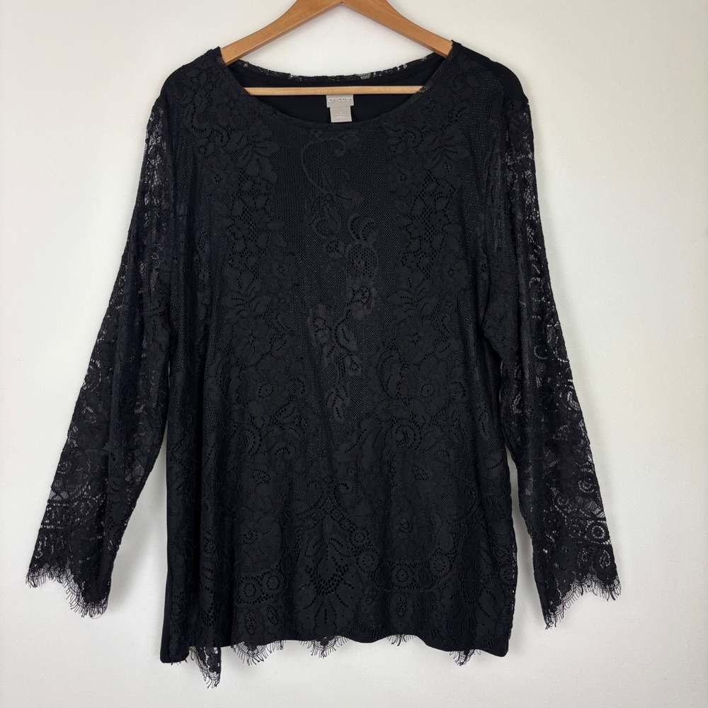 Chico's Witchy Lace Top Womens SZ Large Black Sheer Whimsygoth Dark Romantic